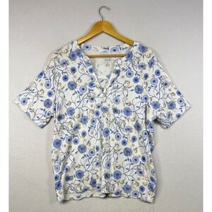 Hastings & Smith Women's 2X Blue Floral V-Neck‎ Short Sleeve Top